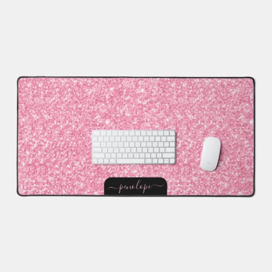 Girly roze glitter textuur en sparkles, monogram bureaumat (Keyboard & Muis)