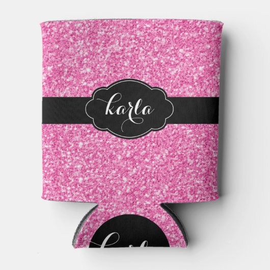 Girly roze glitter textuur zwart accenten blikjeskoeler (Voorkant)
