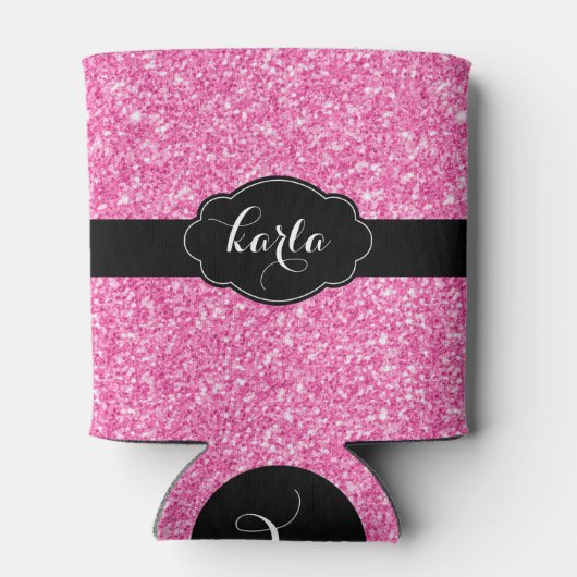 Girly roze glitter textuur zwart accenten blikjeskoeler (Achterkant)