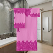 Girly roze glitter zigzag, monogram bad handdoek