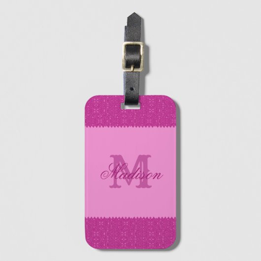 Girly roze glitter zigzag, monogram bagagelabel (Voorkant (verticaal))