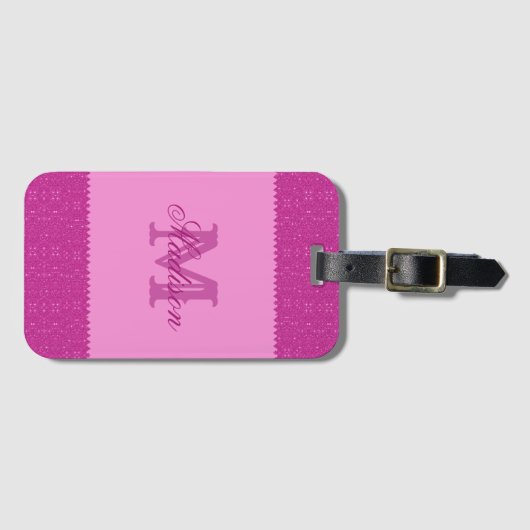 Girly roze glitter zigzag, monogram bagagelabel (Voorkant (horizontaal))