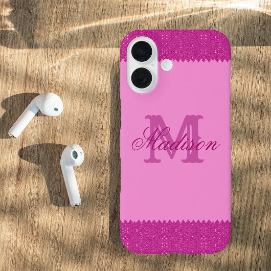 Girly roze glitter zigzag, monogram Case-Mate iPhone case