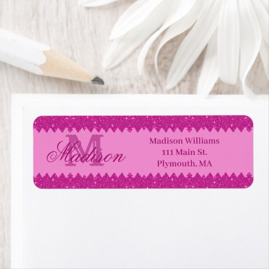 Girly roze glitter zigzag, monogram etiket (Insitu)