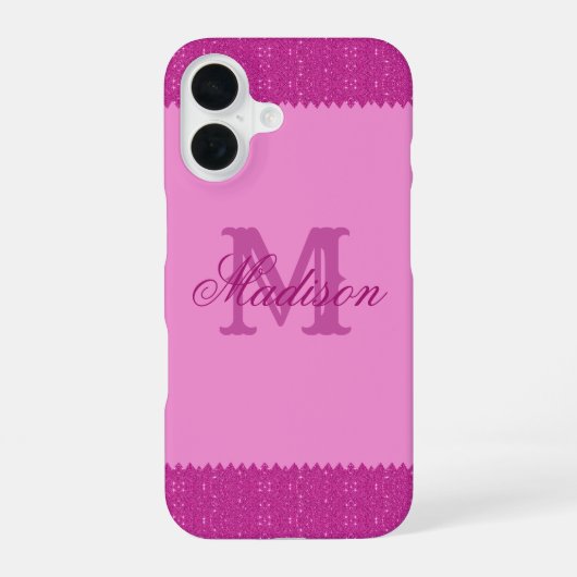 Girly roze glitter zigzag, monogram iPhone 16 hoesje (Achterkant)