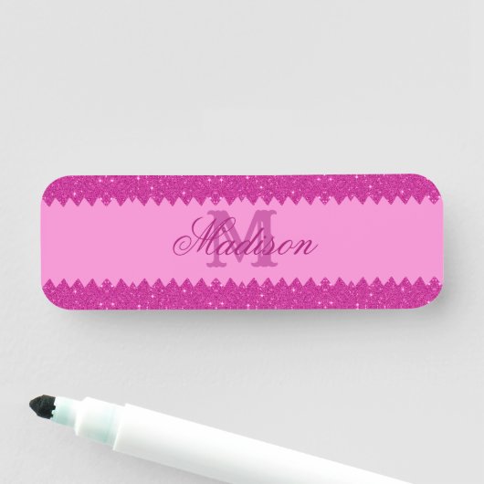 Girly roze glitter zigzag, monogram naamplaatje (In situ)