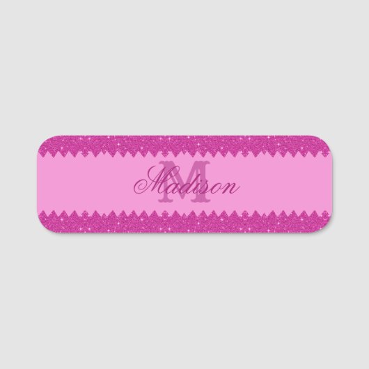 Girly roze glitter zigzag, monogram naamplaatje (Voorkant)
