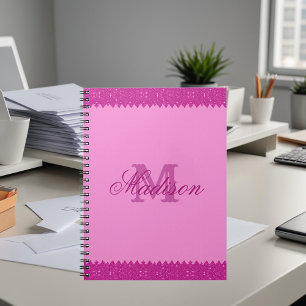 Girly roze glitter zigzag, monogram notitieboek