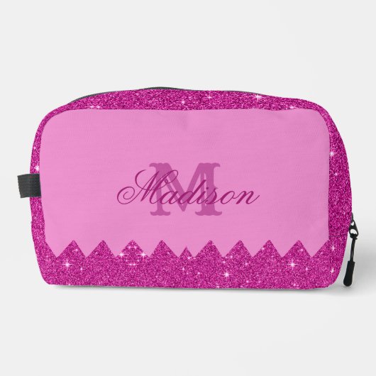 Girly roze glitter zigzag, monogram, op maat toilettasje (Voorkant)