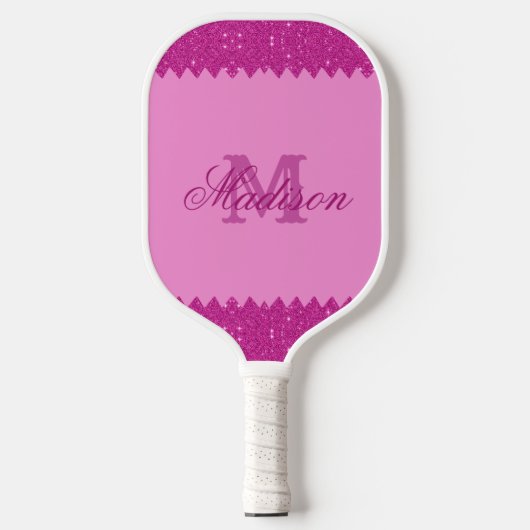 Girly roze glitter zigzag, monogram pickleball paddle (Voorkant)