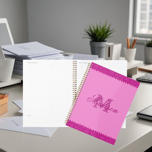 Girly roze glitter zigzag, monogram planner
