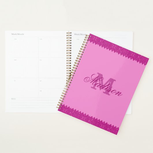 Girly roze glitter zigzag, monogram planner (Display)