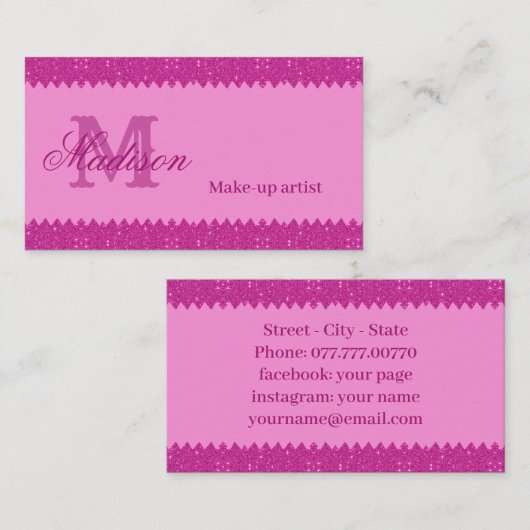 Girly roze glitter zigzag, monogram visitekaartje (Voorkant / Achterkant)