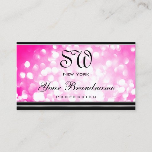 Girly roze glitter zwart zilveren rand monogram visitekaartje (Voorkant)