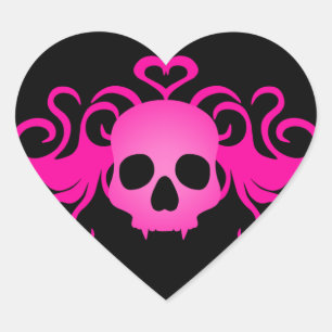 Girly roze gothic fanged vampier schedel op zwart hart sticker