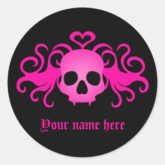 Girly roze gothic schedel op zwart ronde sticker (Voorkant)