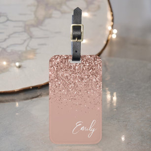 Girly Roze Goud Blush Roze Glitter Monogram Bagagelabel