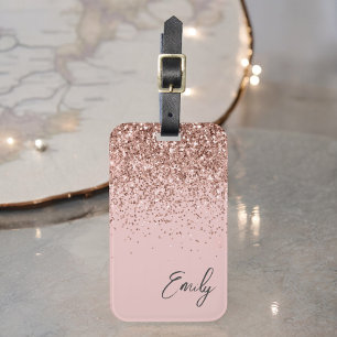Girly Roze Goud Blush Roze Glitter Monogram Bagagelabel