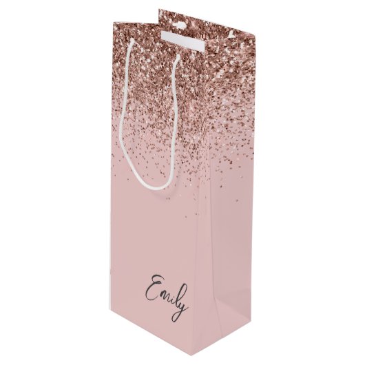 Girly Roze Goud Blush Roze Glitter Monogram Wijn Cadeautas (Voorkant Gekanteld)