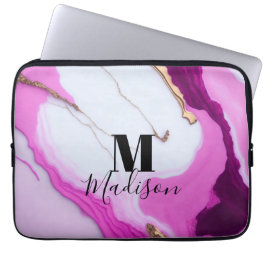 Girly roze goud druppelt witte marmer monogram laptop sleeve