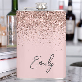 Girly Roze Goud Roze Roze Glitter Monogram Heupfles