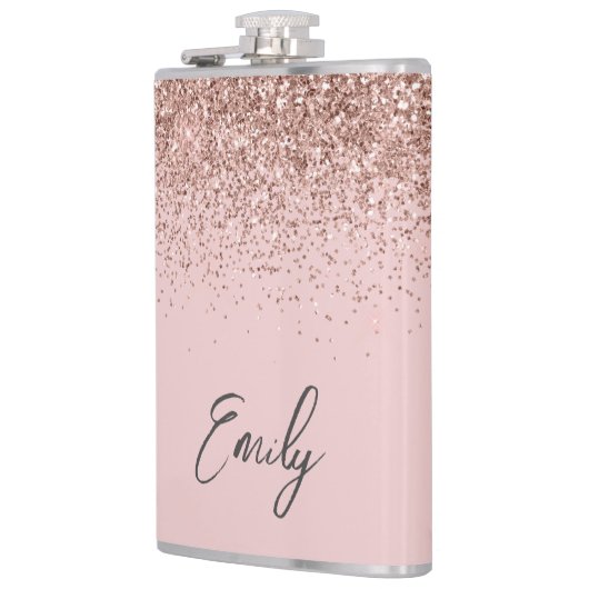 Girly Roze Goud Roze Roze Glitter Monogram Heupfles (Links)