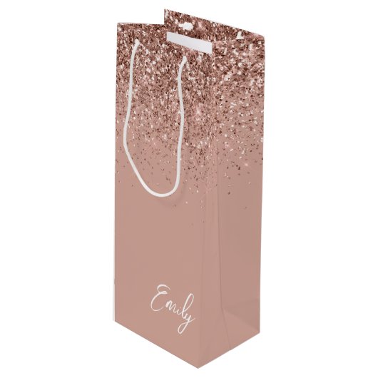 Girly Roze Goud - Roze Roze Glitter Monogram Wijn Cadeautas (Voorkant Gekanteld)