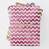 Girly Roze Goud Zilver Wit Zigzag Stripes Inpakpapier Vel (In situ)