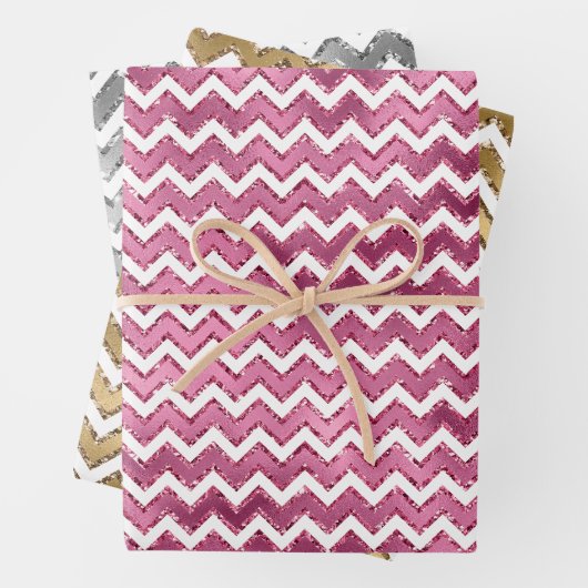 Girly Roze Goud Zilver Wit Zigzag Stripes Inpakpapier Vel (In situ)