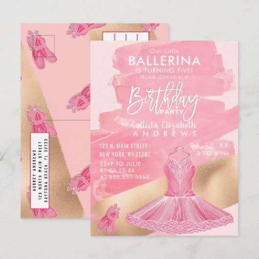 Girly Roze Gouden Ballerina Brushstrokes Verjaarda Uitnodiging Briefkaart (Voorkant / Achterkant)