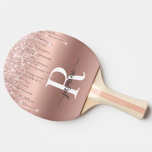 Girly Roze Gouden Glitter Drips Monogram Metaal Tafeltennisbatje (Zijkant)