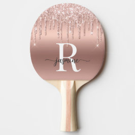 Girly Roze Gouden Glitter Drips Monogram Metaal Tafeltennisbatje