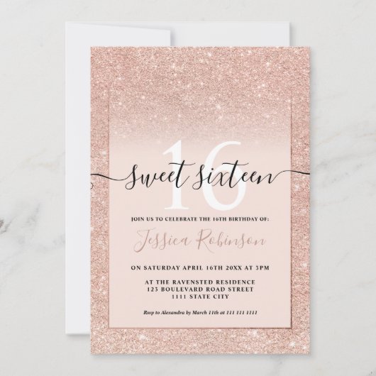 Girly roze gouden glitter ombre roze chic Sweet 16 Kaart (Voorkant)