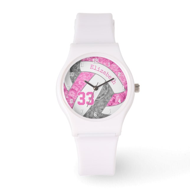 Girly roze grijs aangepaste sport volleybal horloge (Voorkant)