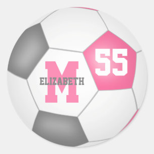 Girly roze grijs voetbal gepersonaliseerd ronde sticker