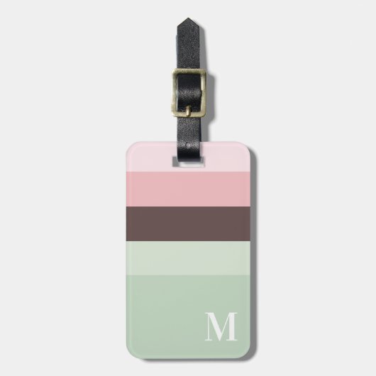 Girly roze, groen bruin gestreept monogram bagagelabel (Voorkant verticaal)