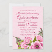 Girly Roze Groene Waterverf Floral Quiceañera Kaart (Voorkant)