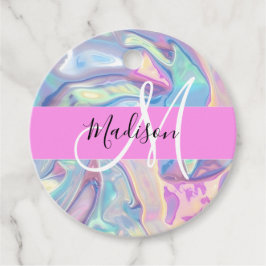 Girly roze holografische iriserende monogram naam bedankjes labels