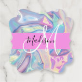 Girly roze holografische iriserende monogram naam bedankjes labels (Achterkant)