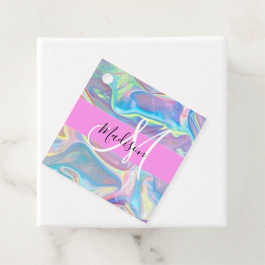 Girly roze holografische iriserende monogram naam bedankjes labels (In situ)
