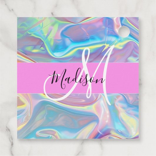 Girly roze holografische iriserende monogram naam bedankjes labels (Achterkant)