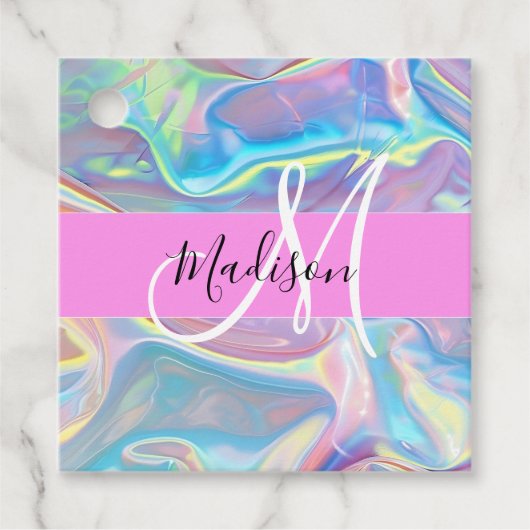 Girly roze holografische iriserende monogram naam bedankjes labels (Voorkant)