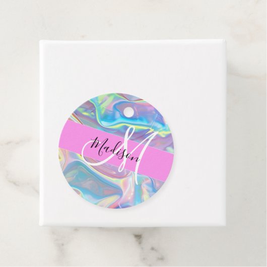 Girly roze holografische iriserende monogram naam bedankjes labels (In situ)