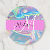 Girly roze holografische iriserende monogram naam bedankjes labels (Voorkant)