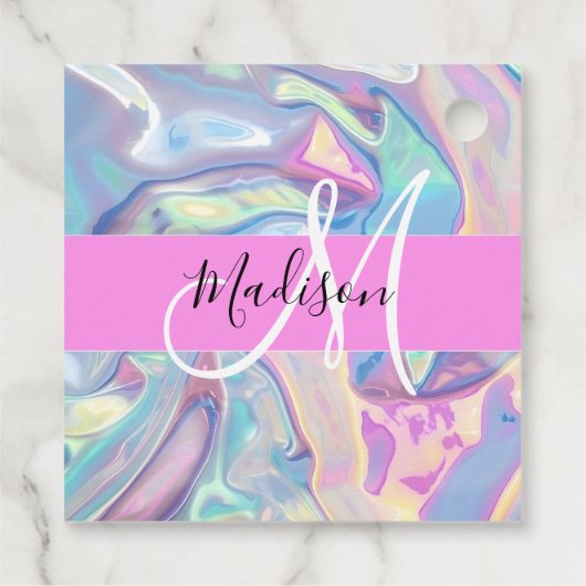 Girly roze holografische iriserende monogram naam bedankjes labels (Achterkant)