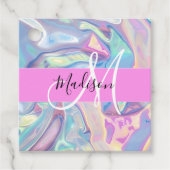 Girly roze holografische iriserende monogram naam bedankjes labels (Voorkant)