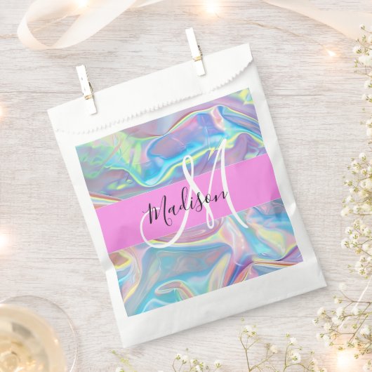 Girly roze holografische iriserende monogram naam bedankzakje (Geknipt)