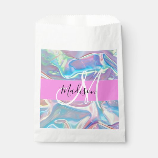 Girly roze holografische iriserende monogram naam bedankzakje (Voorkant)