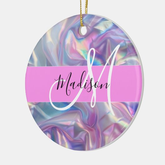 Girly roze holografische iriserende monogram naam keramisch ornament (Links)