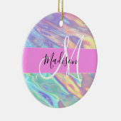 Girly roze holografische iriserende monogram naam keramisch ornament (Rechts)